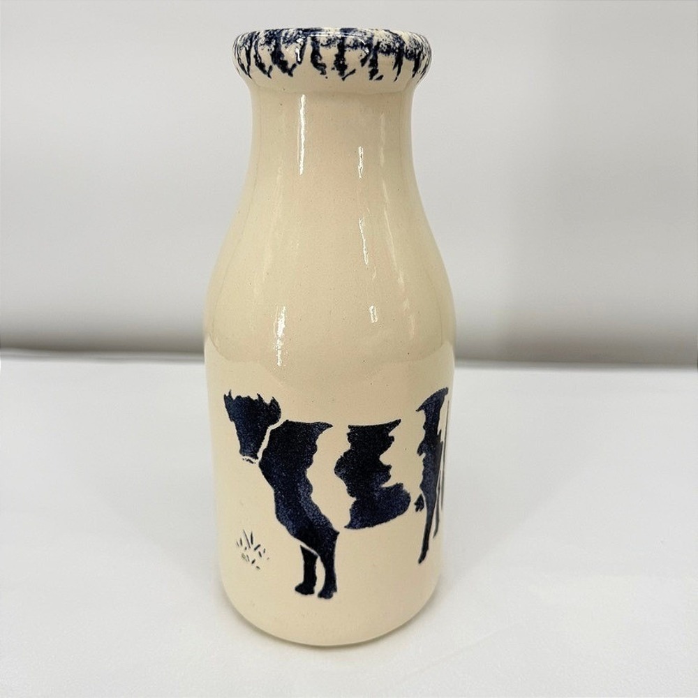 B&B Pottery Ceramic Milk Bottle Cow Blue Spongeware Farmhouse Decor Small